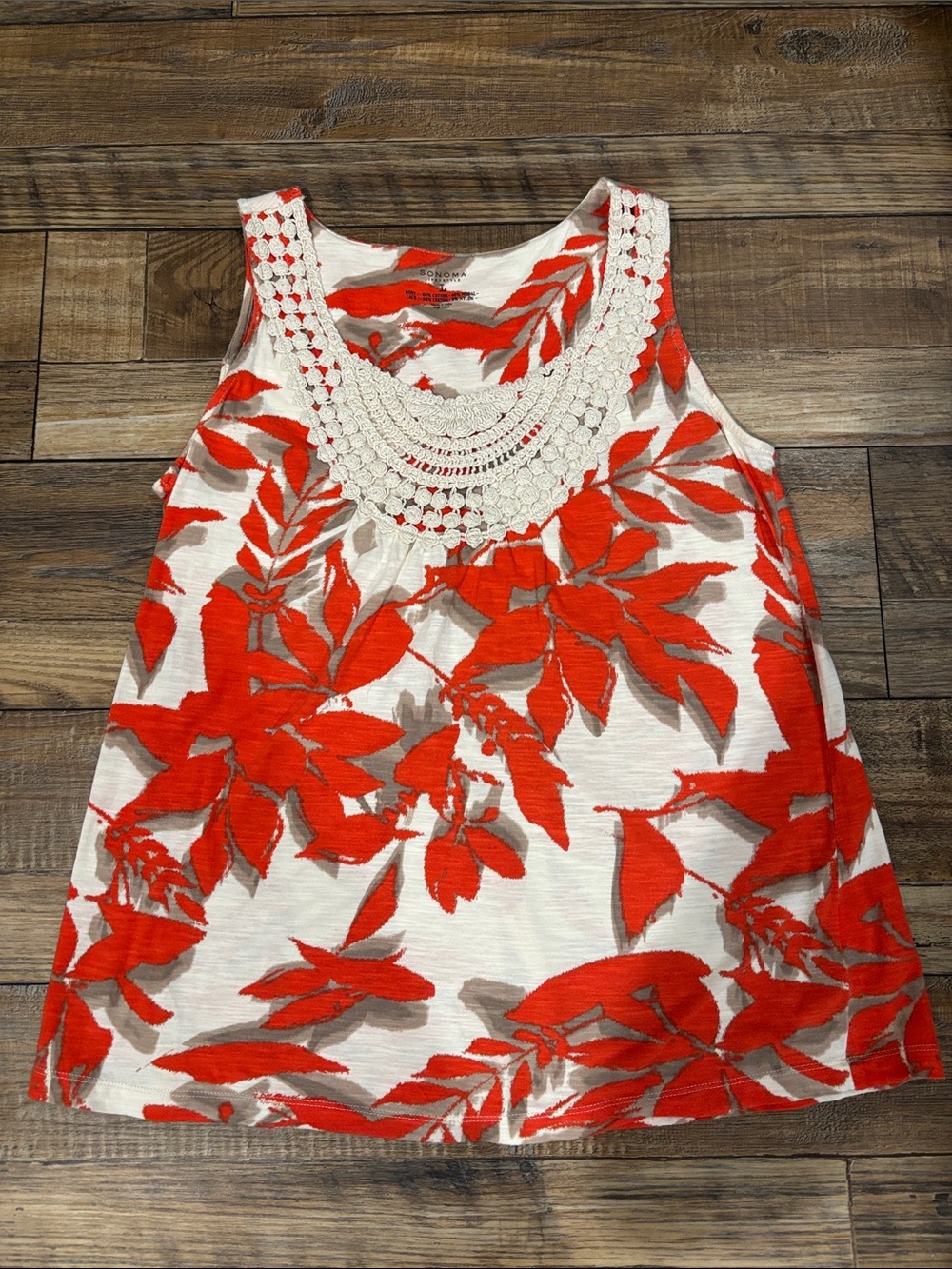 Sonoma Cream Tank with Red Floral Print and Crochet Yoke